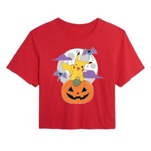 Women's - Pokémon - Pikachu Pumpkin With Moon Cropped Graphic T-Shirt - 1 of 4