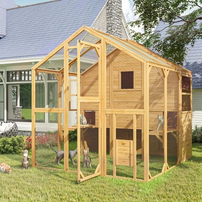 FUFU&GAGA Large Wooden Cattery Cat Enclosure Cat House with Multi - Level Space - Outdoor/Indoor Cat House with Secure Mesh