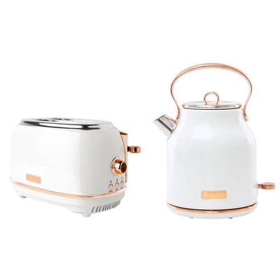 Haden Heritage 4 Slice Wide Slot Stainless Steel Toaster Bundled with 1.7 Liter Stainless Steel Electric Water Kettle, Ivory & Copper
