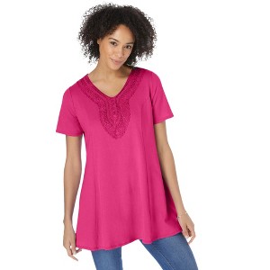 Woman Within Women's Plus Size Rounded V-Neck Crochet Tunic - 1 of 4