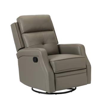Basilio 28.74" Wide Tufted Wooden Upholstery Genuine Leather Swivel Rocker Recliner with Nailhead Trims | ARTFUL LIVING DESIGN