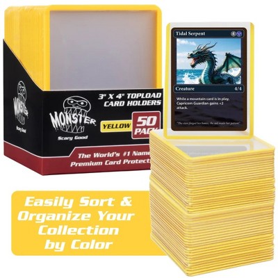 Monster Top Loaders for Trading Cards - 50, 3x4" Clear Hard Plastic Protector w Yellow Border- Compatible w Yugioh, Sports & More