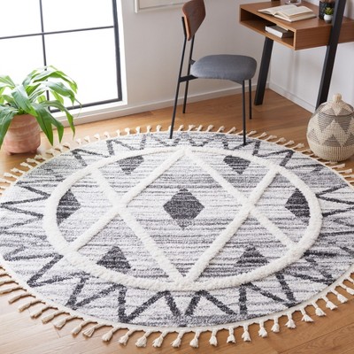 Gray and Ivory Round Braided Diamond Shag Area Rug