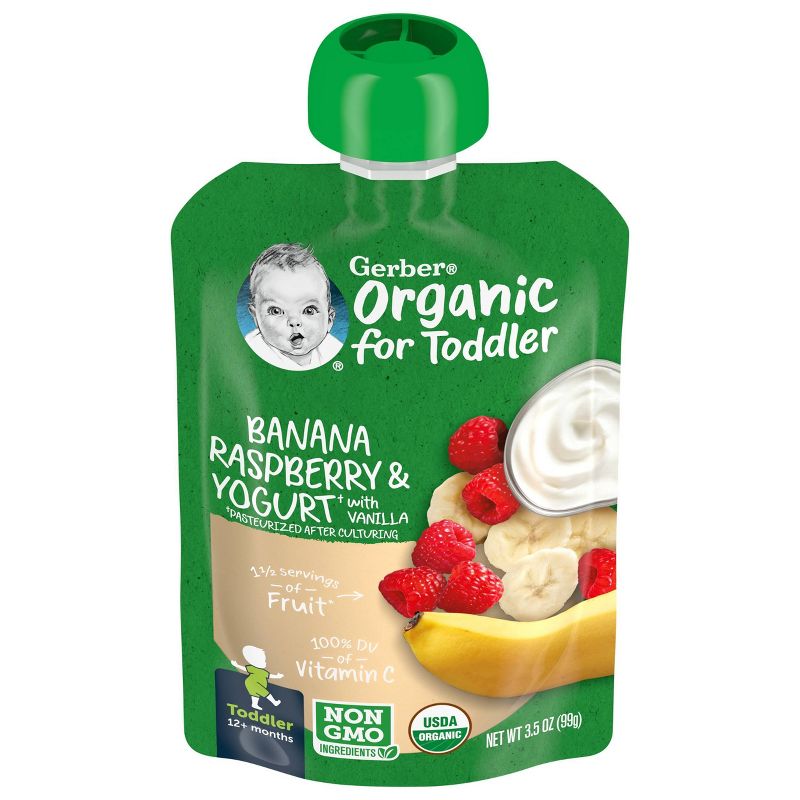 Gerber Organic Toddler Banana Raspberry &#38; Yogurt with Vanilla Baby Food Pouch - 3.5oz, 1 of 8