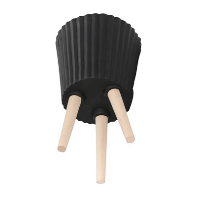 12" Black Ridged Cement Planter with Natural Wood Legs - Set of 2