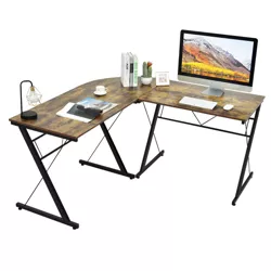 Costway 59'' L-Shaped Computer Table Study Workstation  Home Office Brown