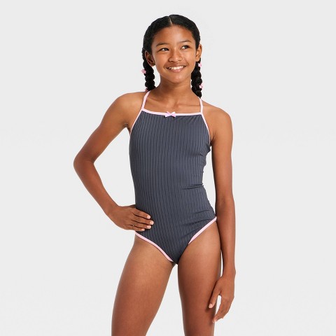 Детские купальники Art Class Girls' Sweet Ribbed Solid One Piece Swimsuit - art class™ Pink L