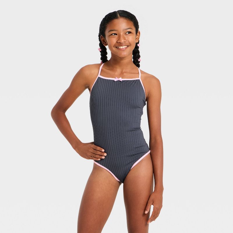 Girls' Sweet Ribbed Solid One Piece Swimsuit - art class™ Smoky Lilac XS