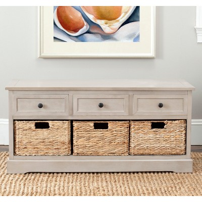 Transitional Gray 42" Solid Wood Storage Bench with Wicker Baskets