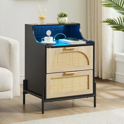 Rattan Nightstand, Modern Bedside Table with Charging Station and LED Lights