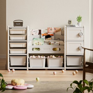 Toy Storage Bookshelf Modern with Removable Bins and Enclosed Cabinets for Playroom 62.99in Wide - 3irtyhousy - 1 of 4