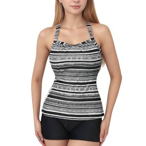 Anna-Kaci Swim Women's Striped Tankini Top and Mid-Rise Swim Shorts Two-Piece Swimsuit with Ruched Neckline and Wide Shoulder Straps - 1 of 4