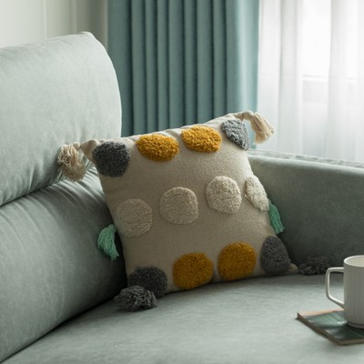16" Handwoven Cotton Pillow Cover with Tufted Dots and Tassels