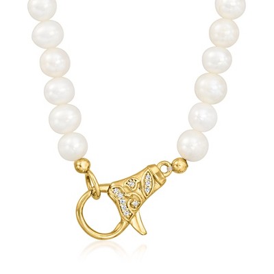 Ross-Simons 5.5-6mm Cultured Pearl and .12 ct. t.w. Diamond Lobster Clasp Necklace in 18kt Gold Over Sterling Size 18