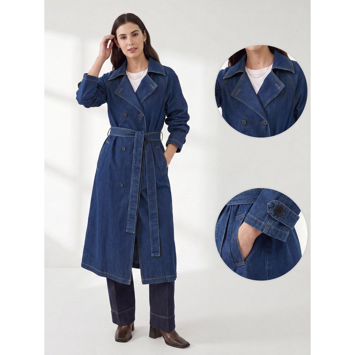 Женская куртка INSPIRE CHIC Lapel Double Breasted Long Sleeve Belted A Line Pockets Back Slit Denim Trench Coat S Blue, цвет: Джинсовый — фото 2