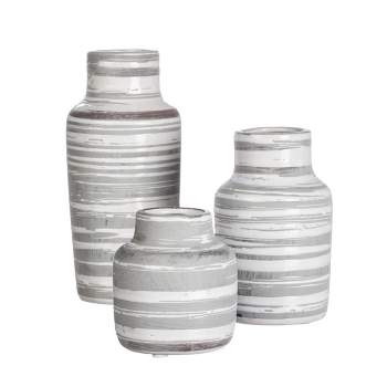Sullivans Set of 3 Ceramic Striped Bottle Vase 7"H, 5.25"H & 3.5"H Gray