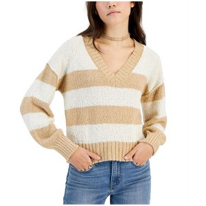 Hippie Rose Womens Boucle Striped Pullover Sweater, Beige, Small - 1 of 1