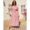 Garvee Women Plus Size V Neck Wrap Maxi Dress High Waist Ruffle Summer Casual Dress with Belt Short Sleeve,small pink flowers,2XL - 3 of 4