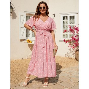 Women Plus Size Maxi Dress V Neck Summer Dress Short Sleeve Long Dress High Waist Ruffle Casual Dress with Belt - 1 of 4