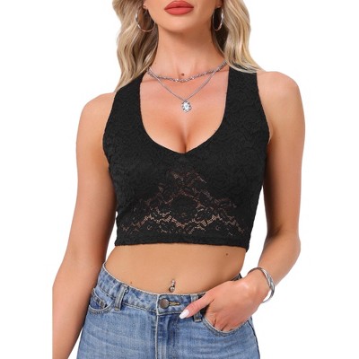INSPIRE CHIC Women's Floral Lace Deep V Neck Sleeveless Sheer Cropped Cami Tank Tops