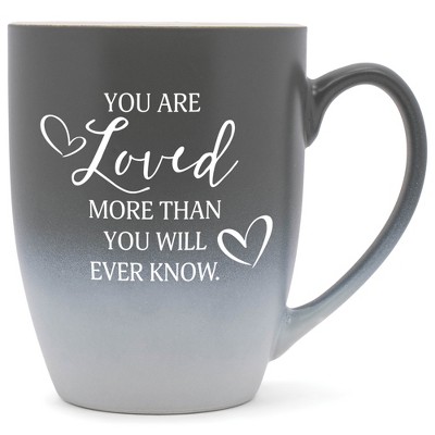 Elanze Designs You Are Loved More Than You Will Ever Know Two Toned Ombre Matte Grey and White 12 ounce Ceramic Stoneware Coffee Cup Mug