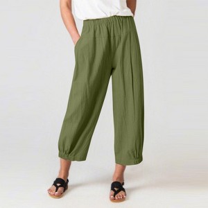 Summer Casual Pants for Women Cotton Blend Linen Pants with Pockets Calf Length Cuff Lounge Pants Harem pants for Summer Beach Resorts Outfits - 1 of 4