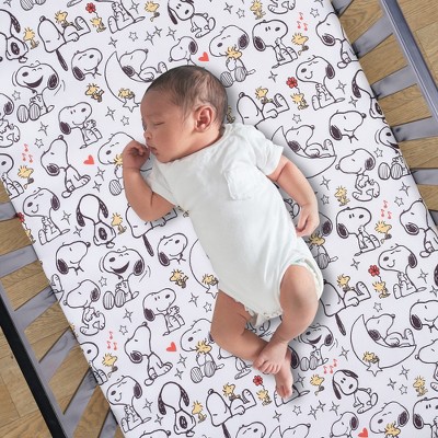 White Microfiber Baby Crib Sheet with Snoopy and Woodstock Design