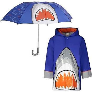 Addie & Tate Girls and Boys Rain Coats and Umbrella set, Kids Ages 3T-7 Years (Shark)