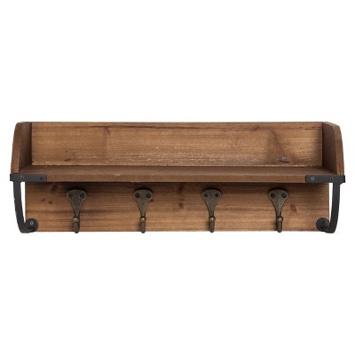 VIP Wood 18.25 in. Brown Wall Shelf with 4 Hooks