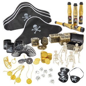 Juvale 100 Piece Set Pirate Birthday Party Supplies for Kids with Hat, Patch, Compass, and Coins, Toys and Accessories for Party Favors - 1 of 4