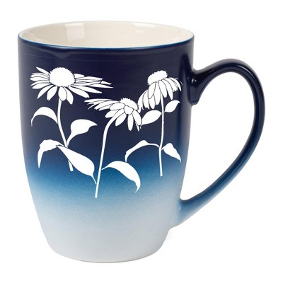 Elanze Designs Botanical Floral Flower Coffee Cup Mug 12 Ounce Ceramic With Ombre Gradient Elegant Minimalist Coneflower Silhouette Navy Blue and