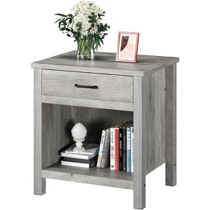 Farmhouse Nightstand, Rustic End Side Table with Drawer and Storage Shelf, Gray Night Stand Bedside Table for Bedroom, Living Room, Small Spaces - 1 of 4