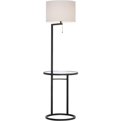 Black Metal Floor Lamp with Glass Tray and White Drum Shade