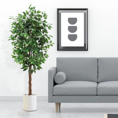 Whizmax Artificial Ficus, Fake Ficus Silk Tree with Natural Wood Trunk in Plastic Nursery Pot for Indoor Outdoor House Living Room Office