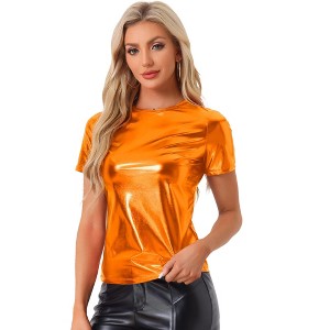 Allegra K Women's Party Metallic Short Sleeve Textured Shiny T-shirts - 1 of 4