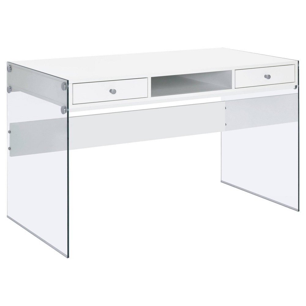 Photos - Office Desk Dobrev 2 Drawer Writing Desk with Glass Base White High Gloss - Coaster