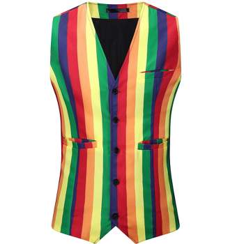 Lars Amadeus Men's Single Breasted V Neck Colorful Rainbow Stripes Vest