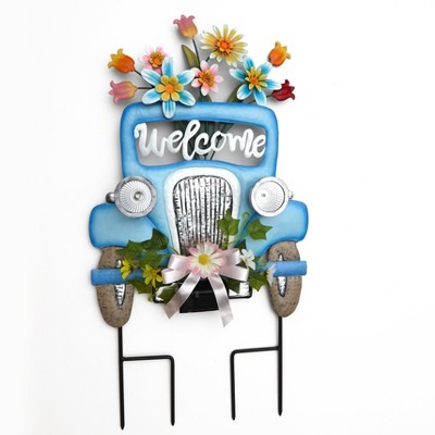 Lakeside Solar Powered Blue Truck Garden Stake with Light-Up Headlamps