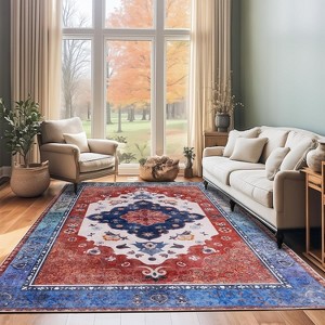 Washable Traditional Area Rug, Thin Foldable Distressed Floral Non-Slip Carpet for Bedroom Living Room Kitchen - 1 of 4