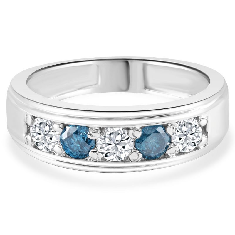 Pompeii3 1 Ct T.W. Blue & White Diamond Mens Wedding Ring 5-Stone Anniversary White Gold, 4 of 6