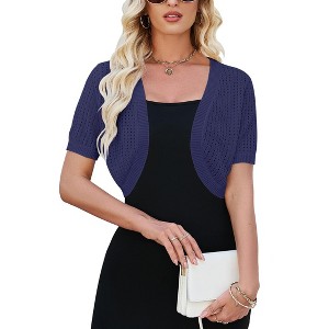 Womens Lightweight Shrugs Short Sleeve Open Front Cropped Cardigan Crochet Knit Sweater - 1 of 4
