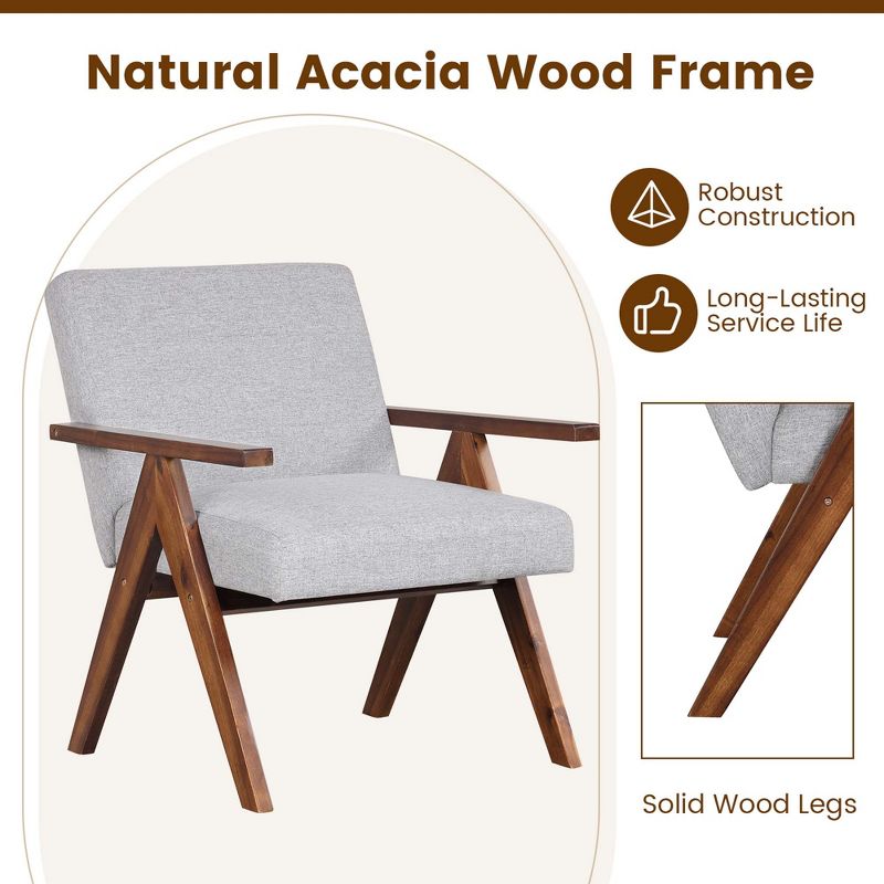 Costway 2 PCS Modern Accent Chair Linen Fabric Armchair with Solid Acacia Wood Frame Beige/Grey, 5 of 9