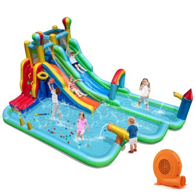Tangkula Inflatable Water Park w/Climbing Wall Basketball Rim Splash Pool 750W Blower
