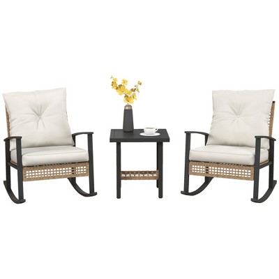 Outsunny 3 Pieces Patio Bistro Set, Wicker Furniture Set with Button Tufted Cushions, Rattan Rocking Chairs and Coffee Table