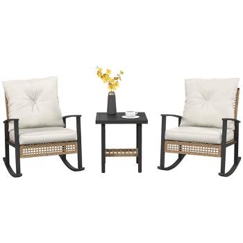 Outsunny 3 Piece Patio Bistro Set, Wicker Furniture Set with Button Tufted Cushions, Rattan Rocking Chairs and Coffee Table, White