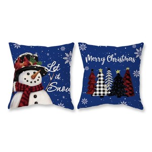 Christmas Pillow Covers 18x18 Set of 2 Let it Snow Snowman Christmas Trees Xmas Blue - 1 of 4