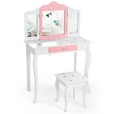Infans Kids Vanity Princess Makeup Dressing Table Chair Set W/ Tri-folding Mirror