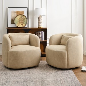 KINWELL Textured Linen Blend Weave Upholstered Swivel Barrel Accent Chair, Set of 2 - 1 of 4