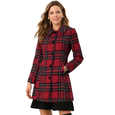 Allegra K Women's Buffalo Checks Winter Peter Pan Collar Long Plaid Coat