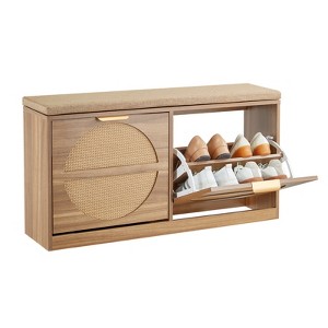 VEVOR Entryway Shoe Bench, 38.9 x 9.4 x 19.7 Inch Rattan-Like Shoes Bench with Flip Drawers, 440lbs Shoe Storage Rack with Cushion, Brown - 1 of 4